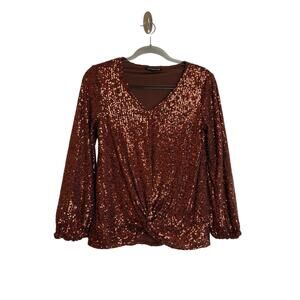 Cable & Gauge All Over Copper Metallic Sequin Blouse Size S Party Holiday Event
